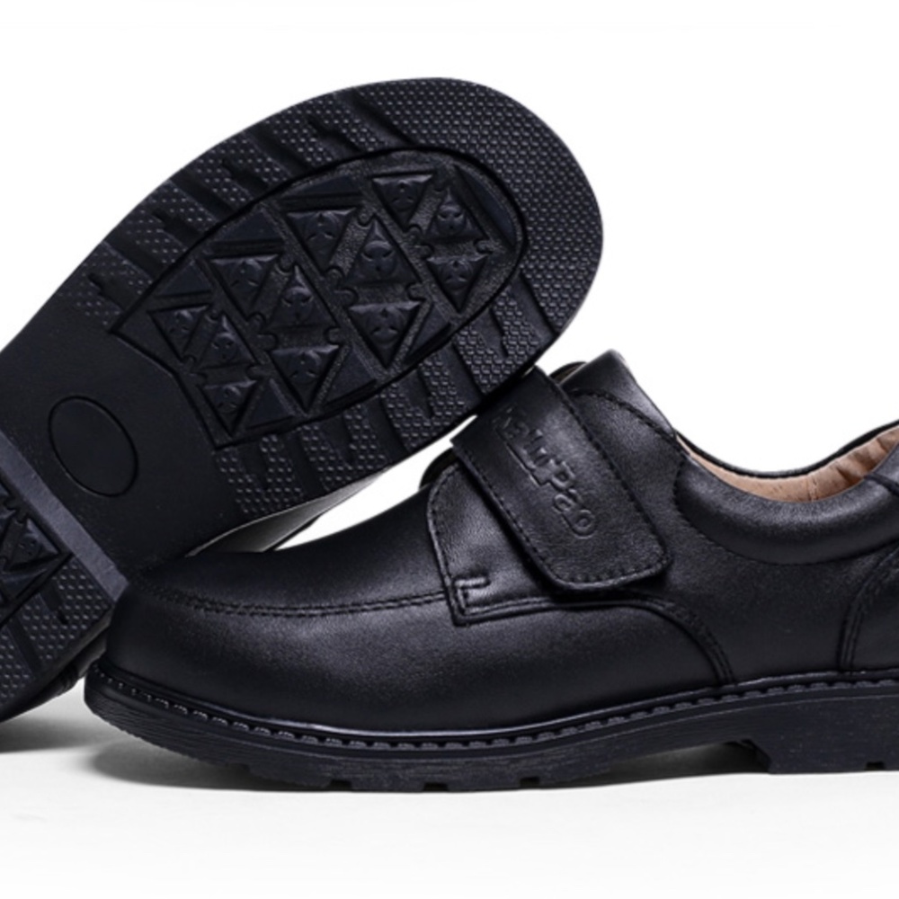 Boy Black Dress Shoe/Velcro/Round Flat/Slip on/ Genuine Leather/Back to School/ - Picture 3 of 11